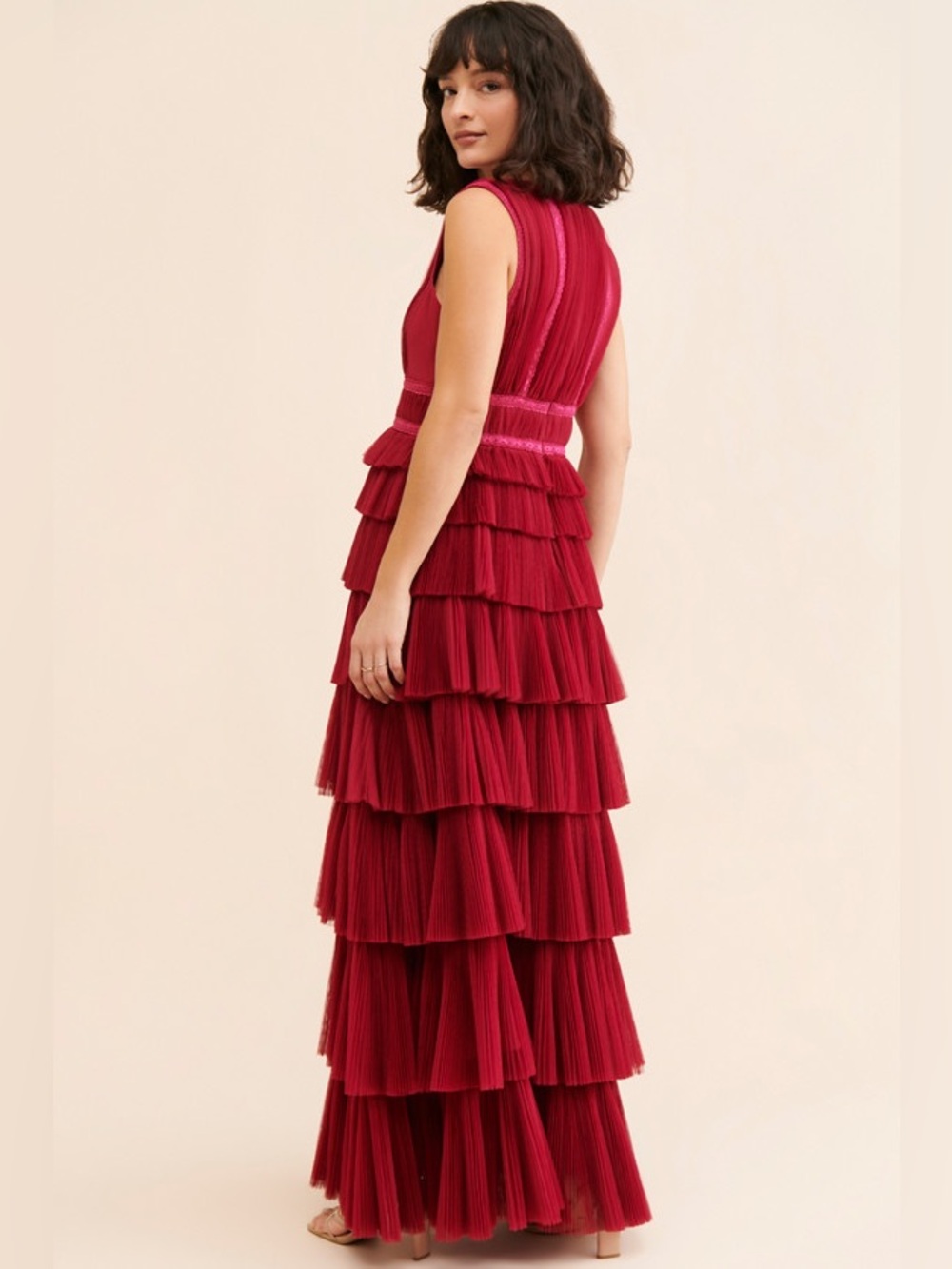 NWT Hutch Charley Deep-V Pleated Raspberry Tiered Tulle Maxi Dress Size 6P - Picture 8 of 13